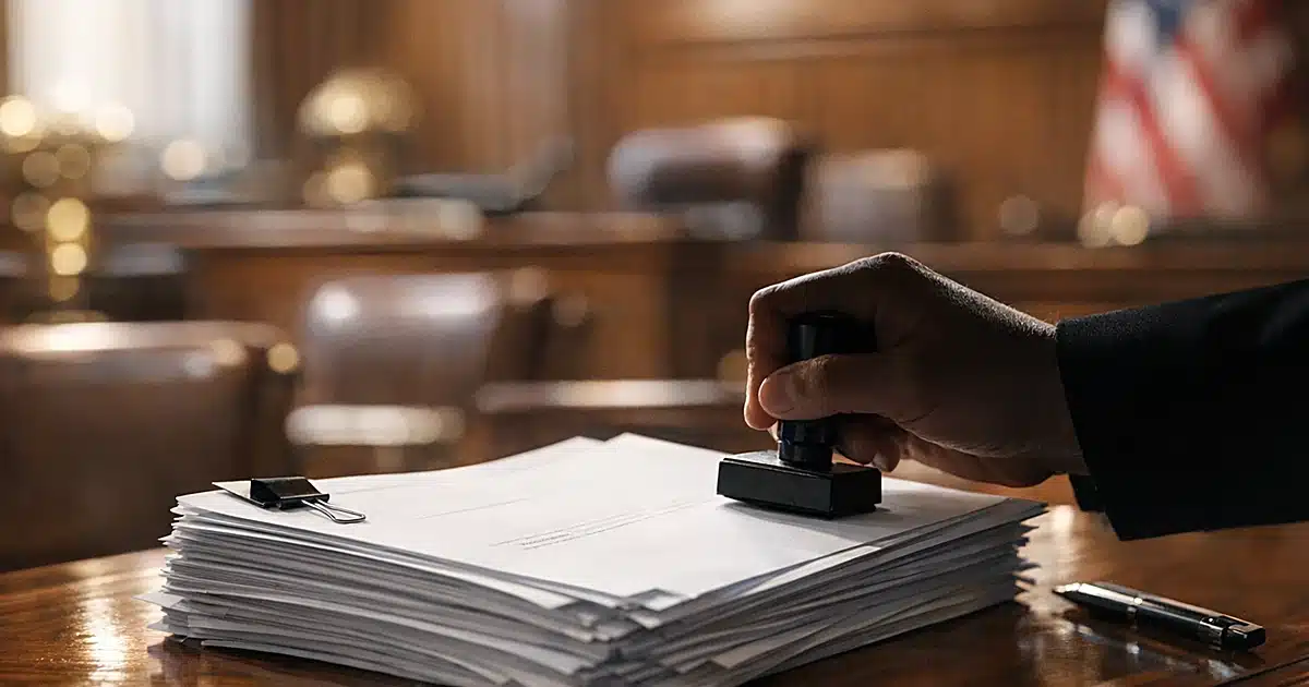 Hand stamping legislative documents on desk in New York State Capitol chamber with blurred background