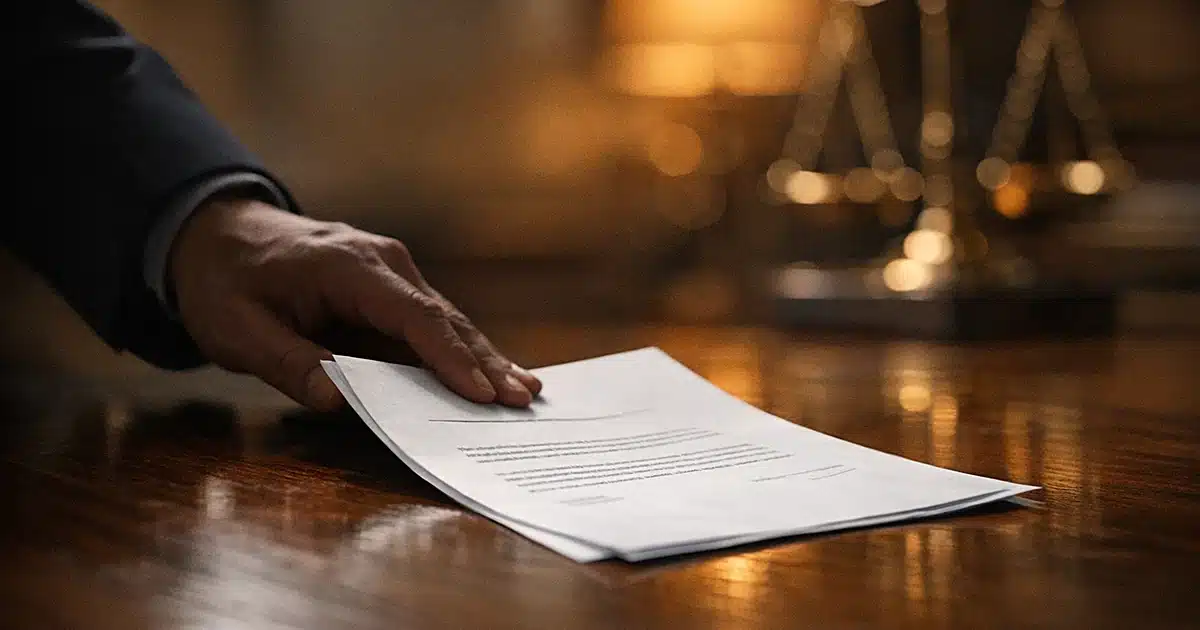 Legal document being pushed across conference table in law office with dramatic lighting