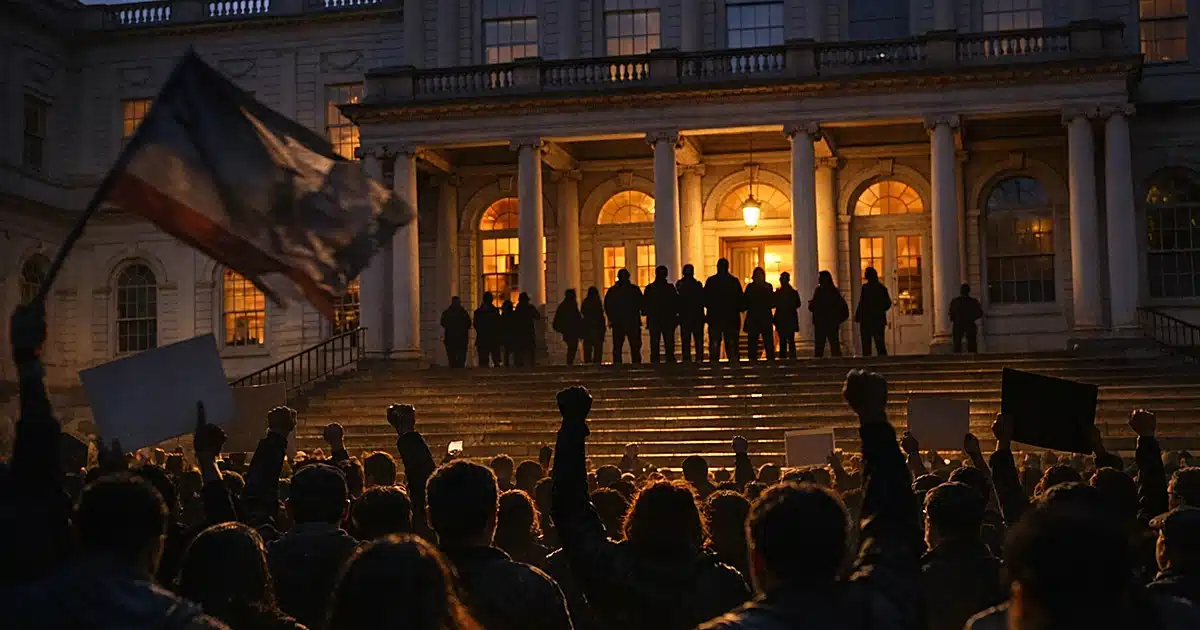 Silhouetted crowd gathered on city hall steps at dusk with figures standing at columned entrance above