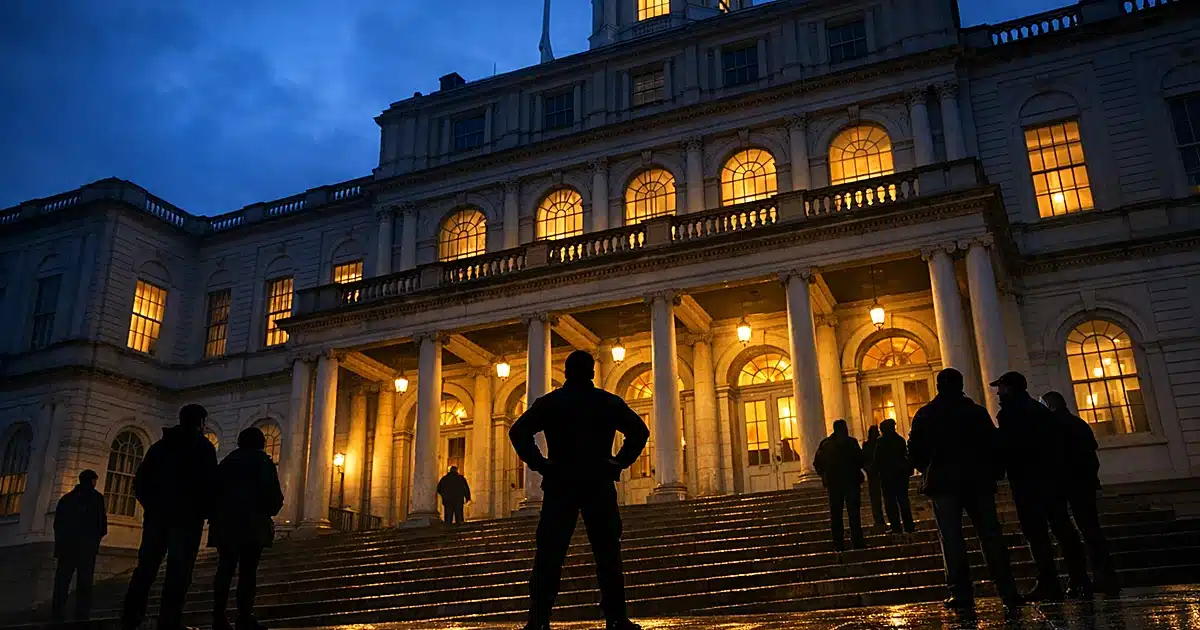 City hall building at dusk with silhouetted figures on illuminated steps and classical columns