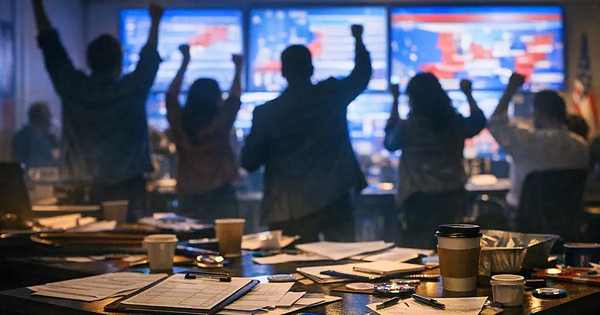 Campaign office on election night with scattered materials and silhouetted figures celebrating before glowing screens