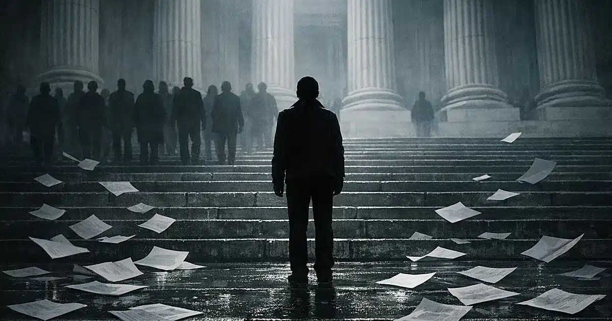 Silhouetted person at base of courthouse steps with crowd fading into shadow and scattered legal documents