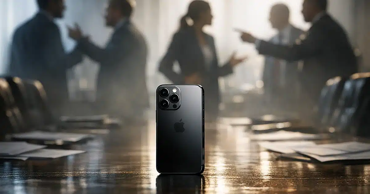 iPhone on boardroom table with silhouetted business figures in background discussion