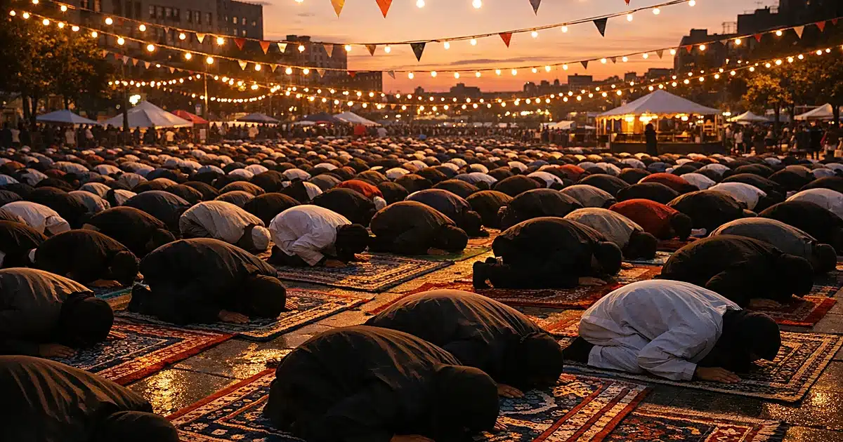 Silhouetted figures at outdoor community prayer gathering with colorful rugs in urban plaza at dusk