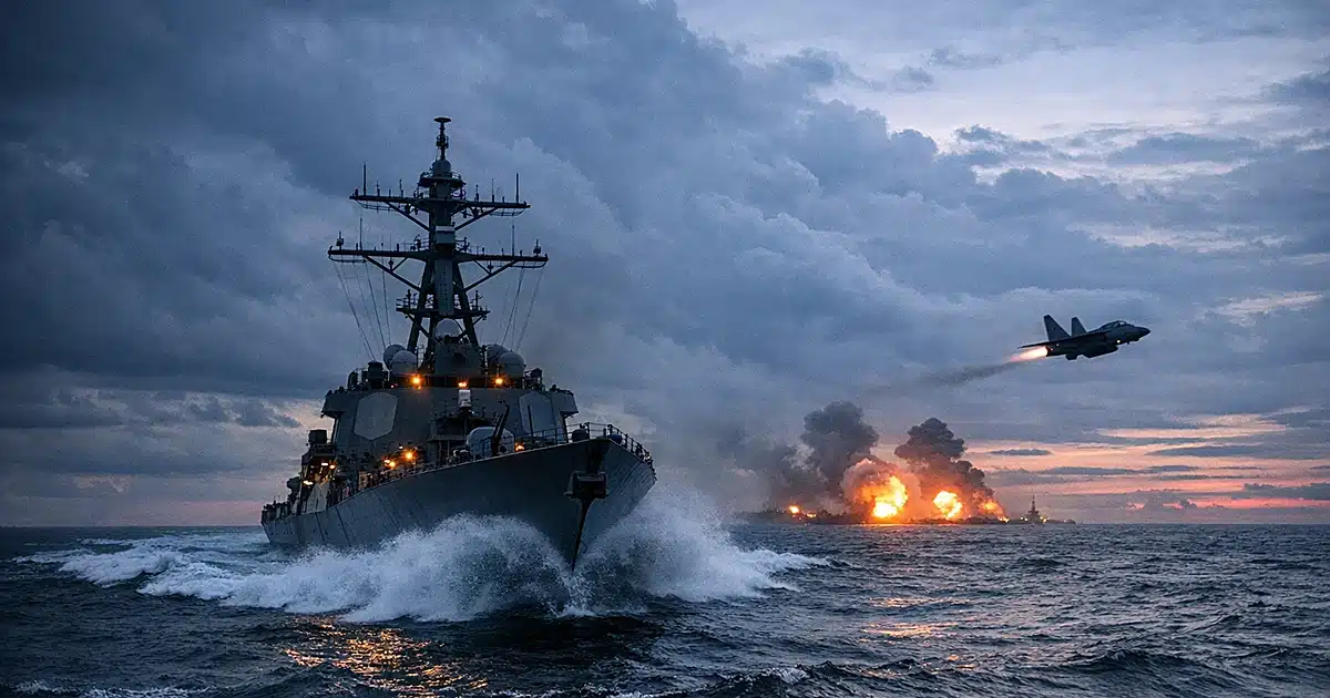 U.S. Navy warship moving through ocean waters at dusk with spray from bow and overcast sky above