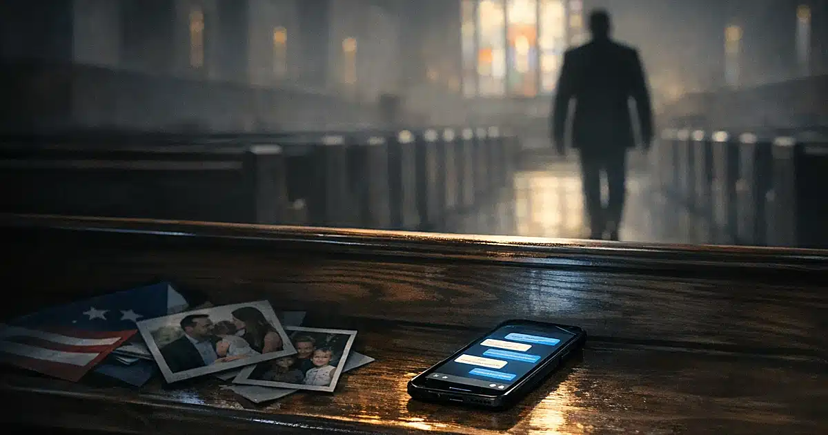 Glowing smartphone on church pew with silhouetted figure walking away through sanctuary aisle