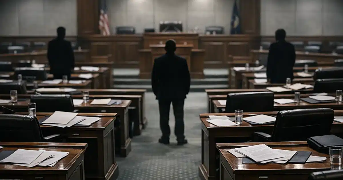 Empty legislative chamber with three distant silhouetted figures standing separately in different aisles