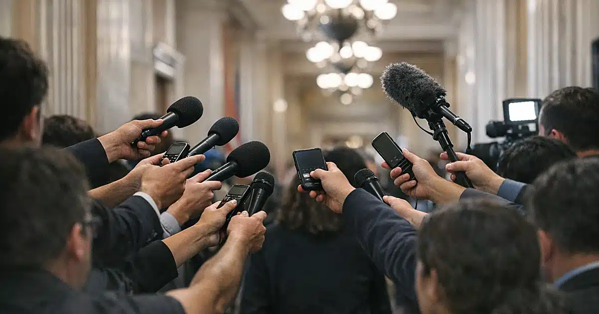 Reporters' arms thrust microphones forward in crowded Capitol Hill corridor during tense press confrontation