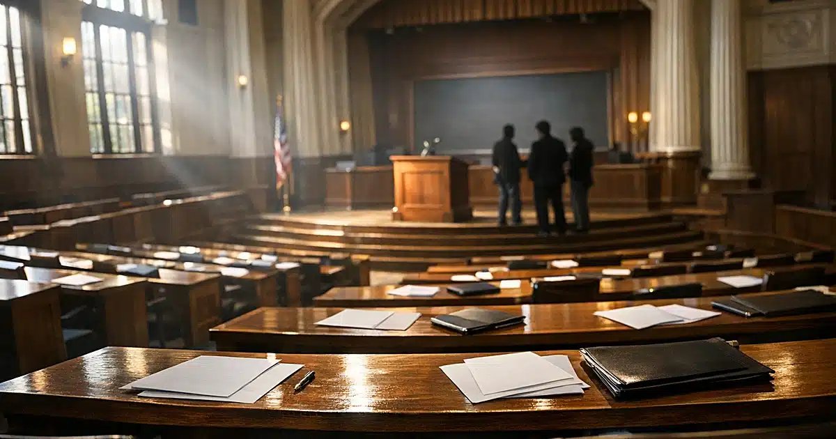 Empty university lecture hall with wooden desks and sunlight streaming through arched windows at UC Berkeley