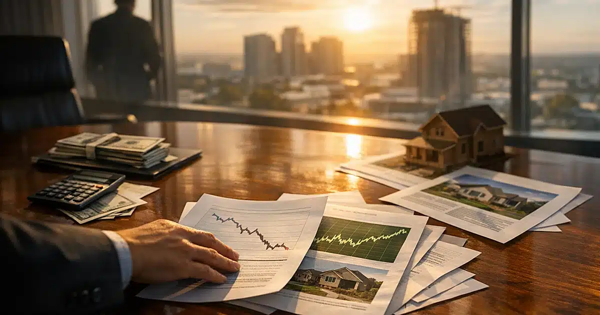 Financial documents on boardroom table with Sacramento skyline visible through windows in background