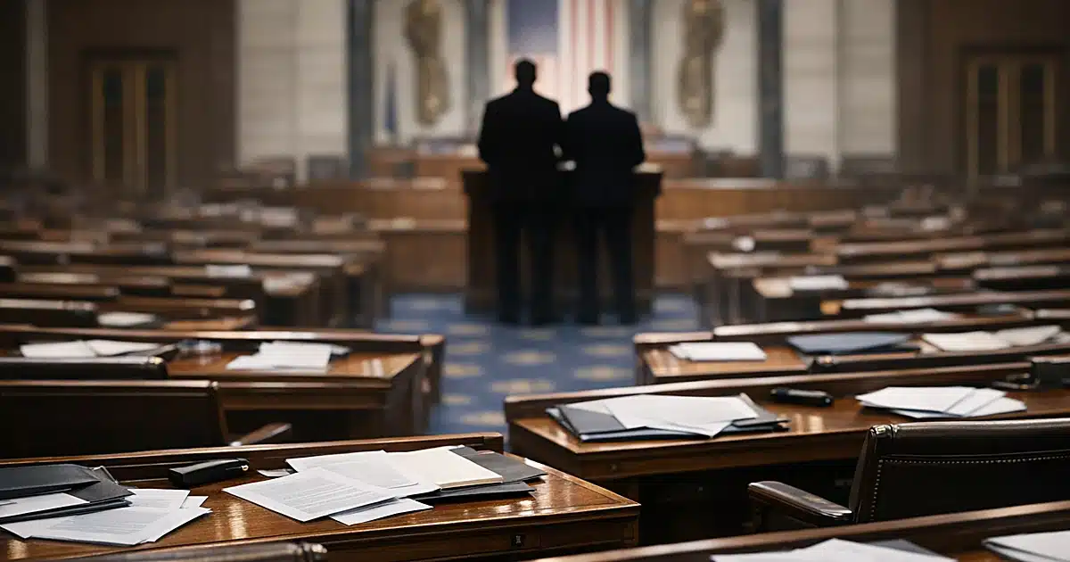 Empty legislative chamber with scattered papers on desks and two silhouetted figures at distant podium