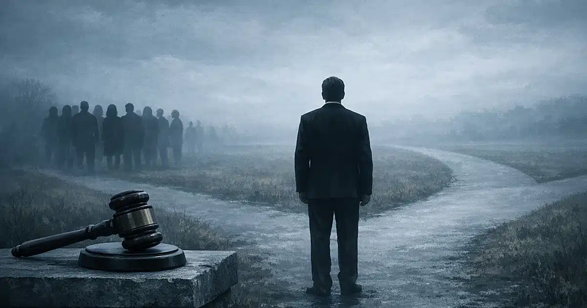 Silhouetted figure at crossroads turning away from group toward empty path, with gavel on pedestal in foreground