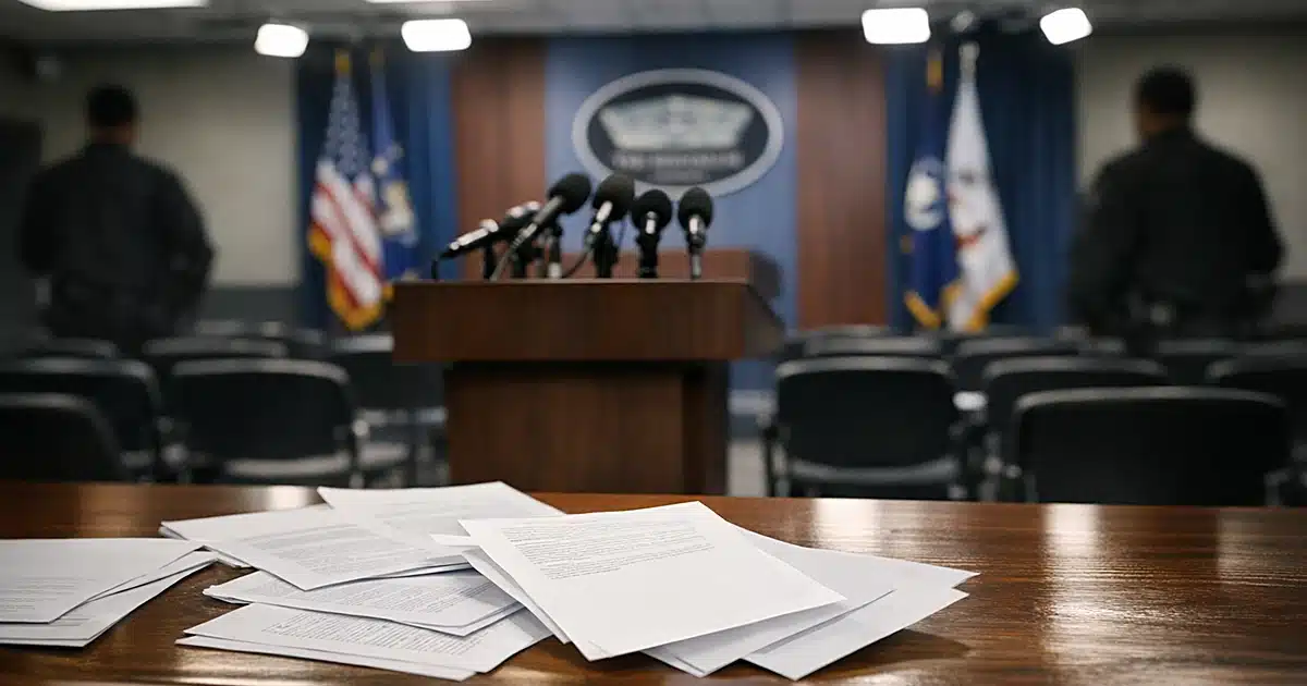 Pentagon briefing room with empty chairs, podium with microphones, and scattered documents on table