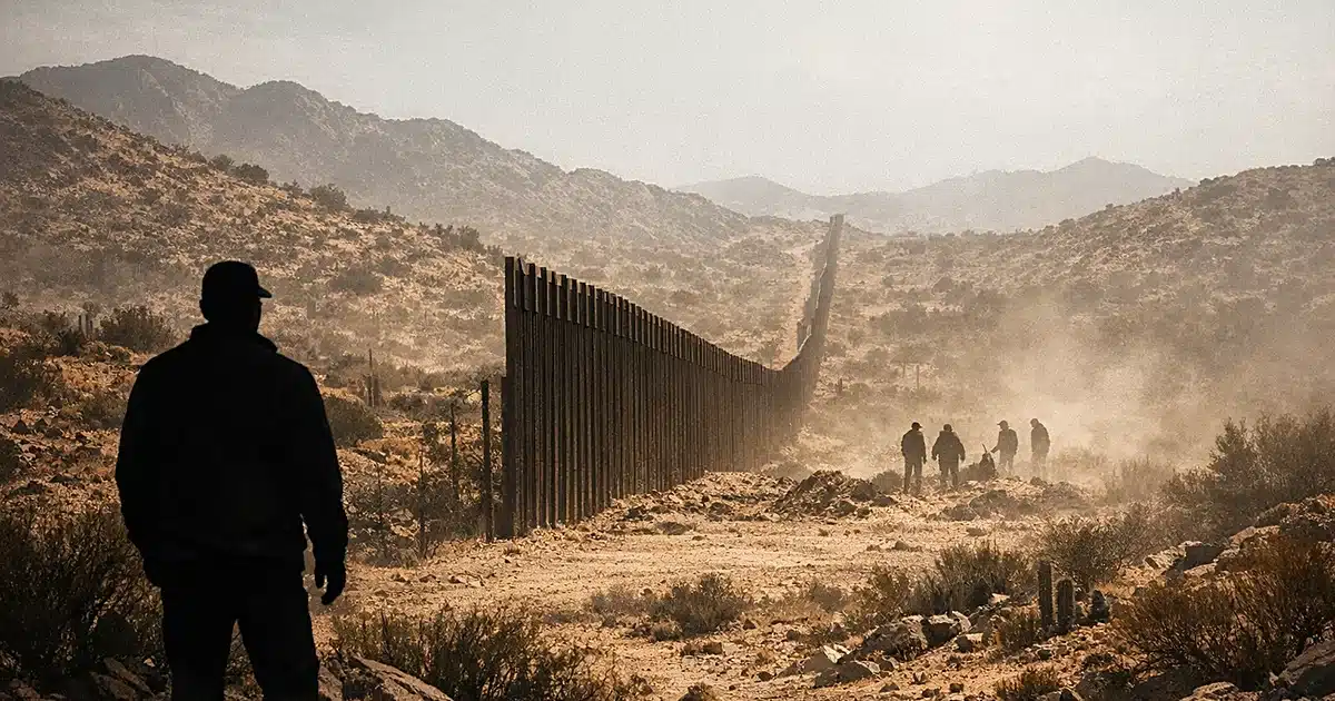 Silhouetted figure at desert border wall looking across into Mexico, depicting cross-border investigation disconnect