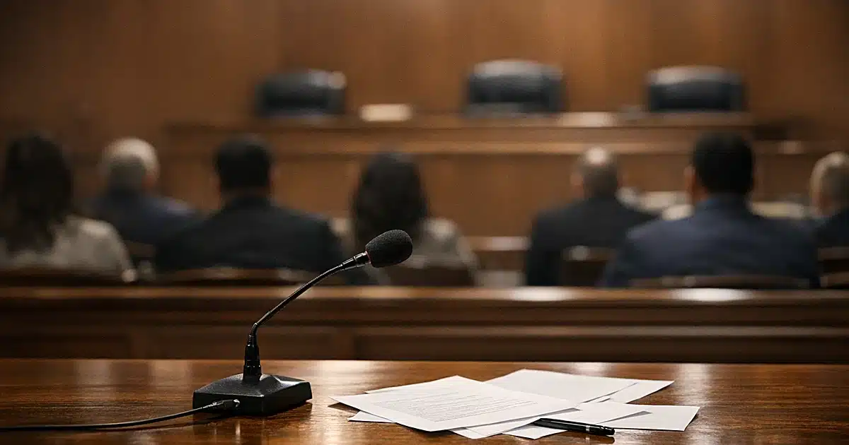 Empty witness table with microphone in Texas legislative hearing room with silhouetted figures in background