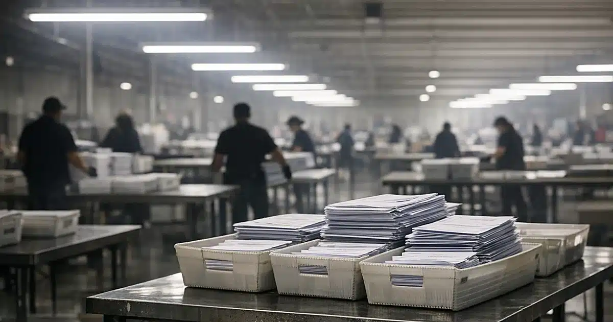 Empty ballot processing tables in large warehouse with workers silhouetted in background