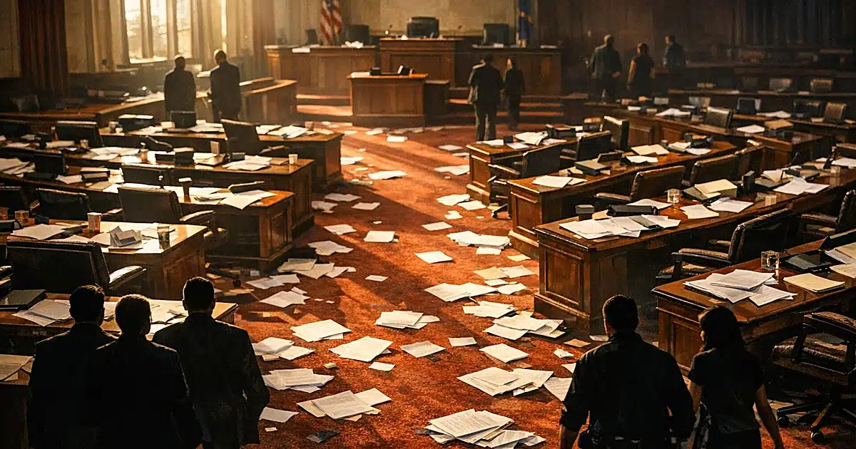 Empty legislative chamber with scattered papers on desks, dramatic side lighting through tall windows