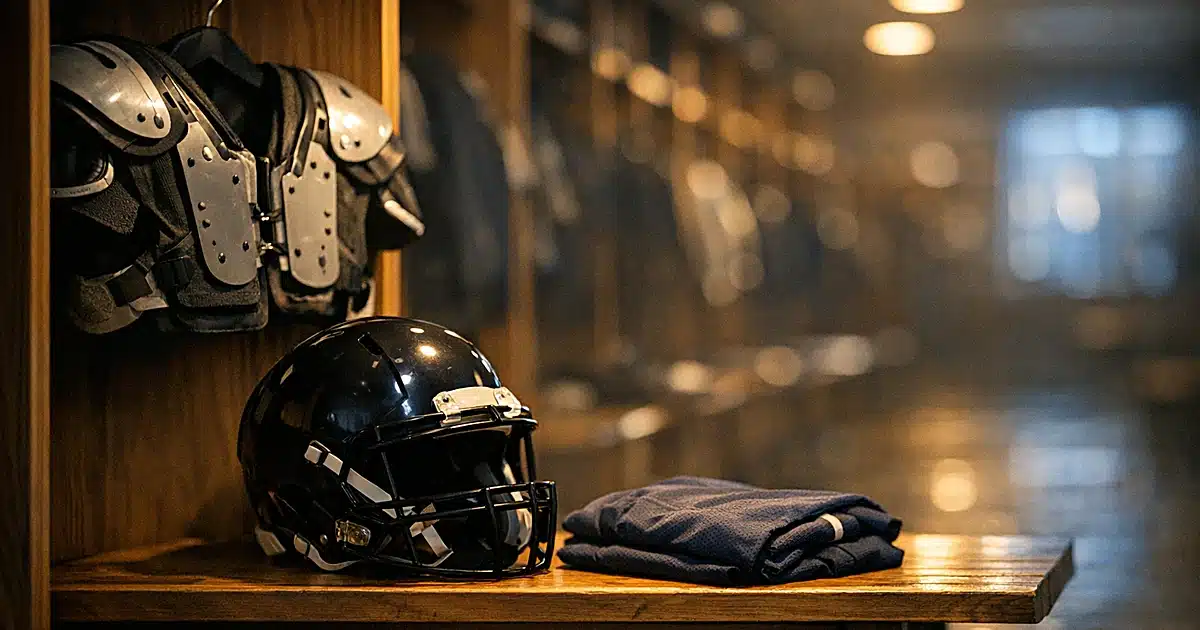 Empty NFL locker room with helmet and gear left on bench in warm stadium lighting at dusk