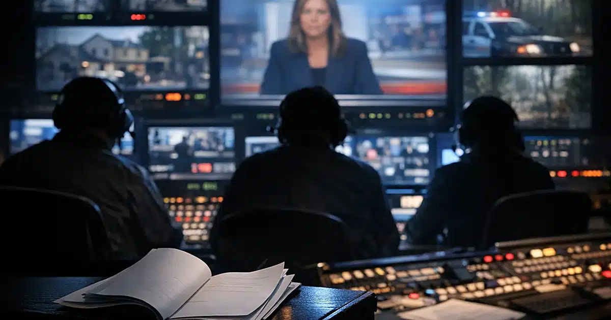 Television studio control room with silhouetted crew members at monitors during live broadcast production