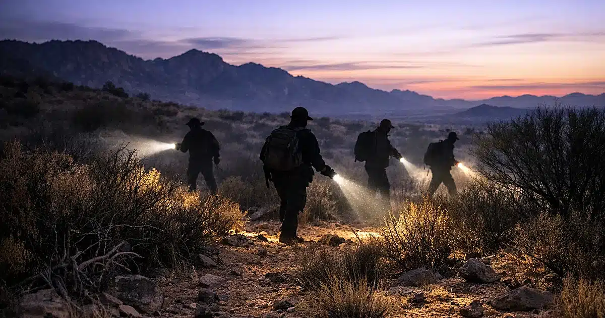Search volunteers with flashlights moving through desert terrain near Arizona-Mexico border at dusk