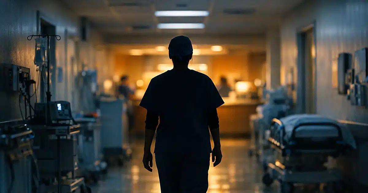 Silhouetted medical worker walking down dimly lit hospital corridor at dusk with equipment carts along walls