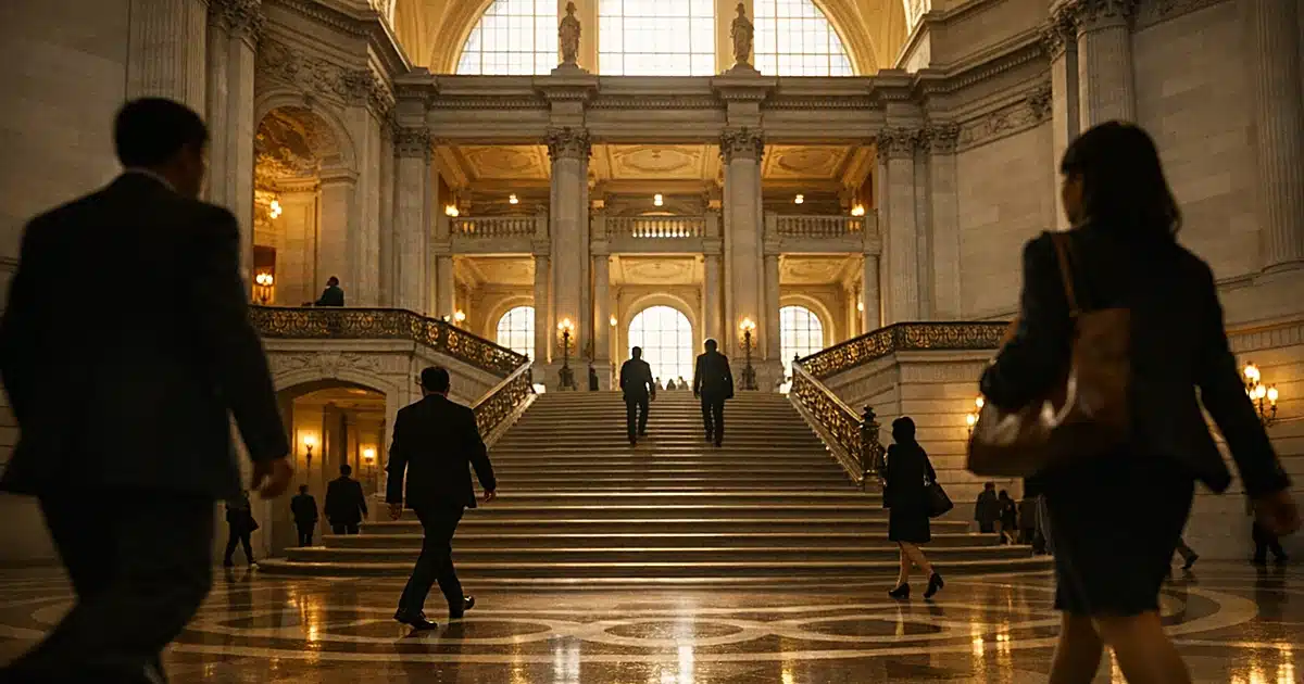 Silhouetted figures crossing San Francisco City Hall rotunda with marble floors and afternoon light
