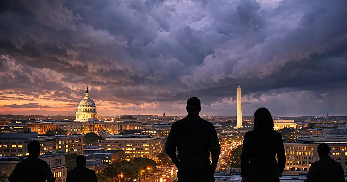 Silhouetted figures overlooking Washington D.C. cityscape under gathering storm clouds at dusk