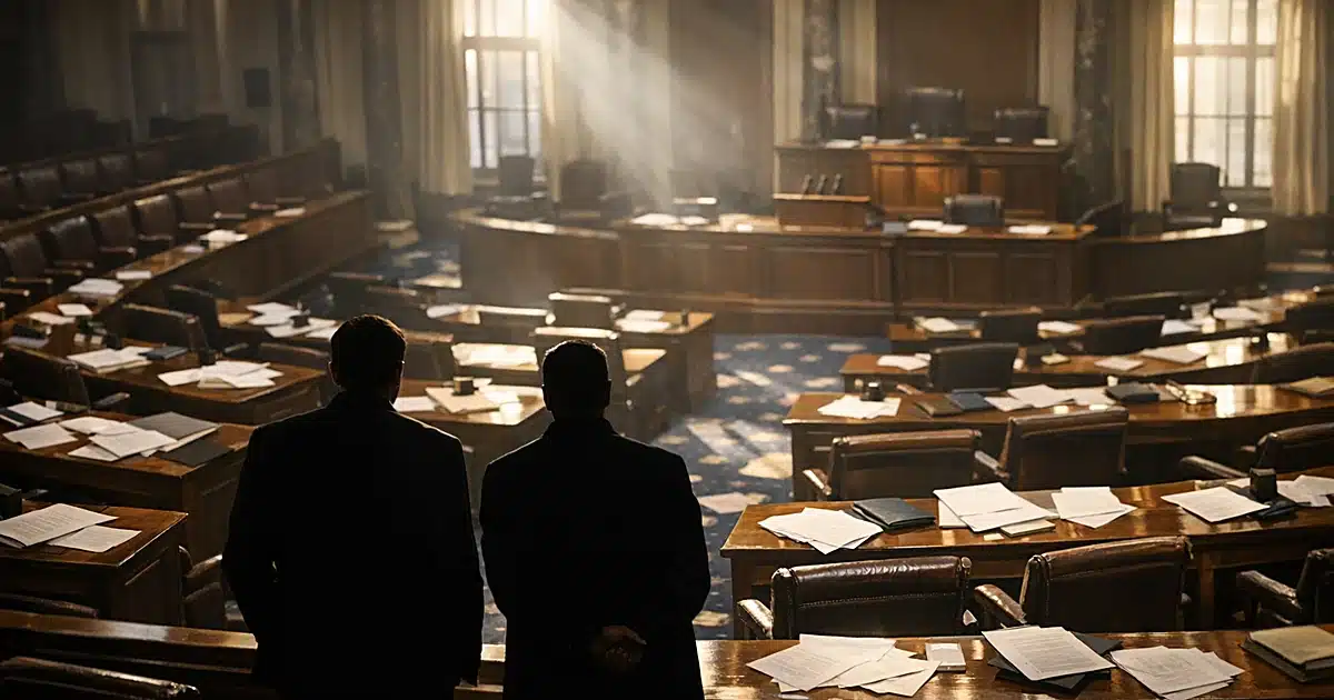 Empty legislative chamber with scattered papers and silhouetted figures viewing from gallery