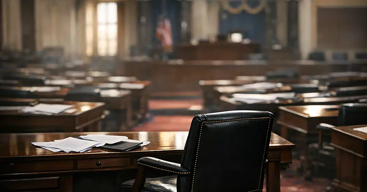 Empty Senate chamber with vacant leather chair pushed back from desk, papers scattered, afternoon light through windows