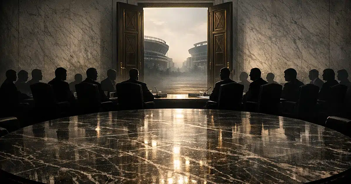 Silhouetted legislators at committee table with football stadiums visible through doors in background
