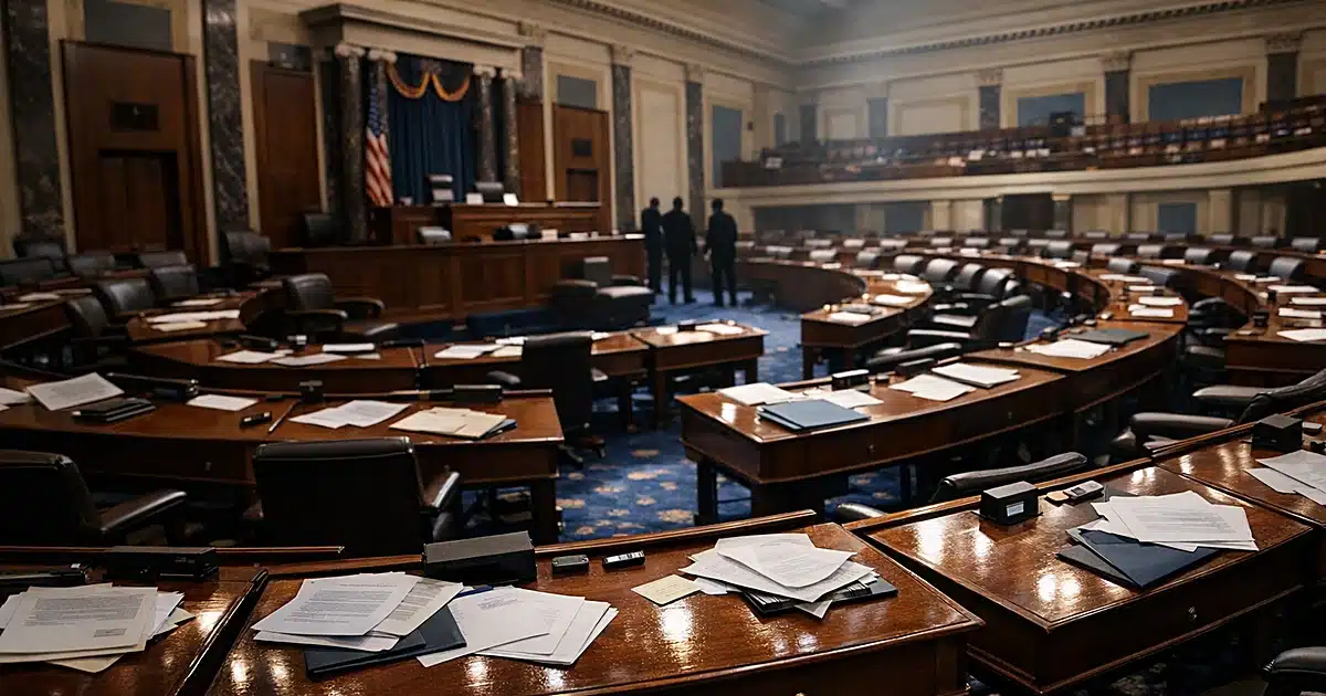 Wide view of empty Senate chamber floor with scattered papers after a close vote on legislative desks