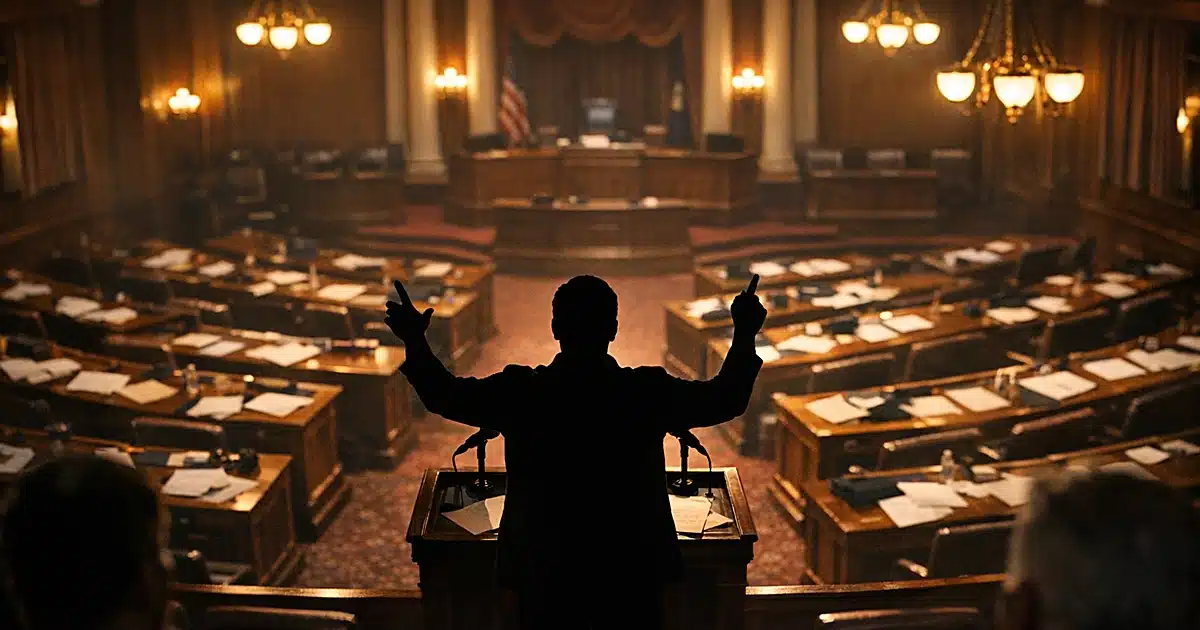 Silhouetted figure gesturing at podium in empty legislative chamber with scattered papers on desks