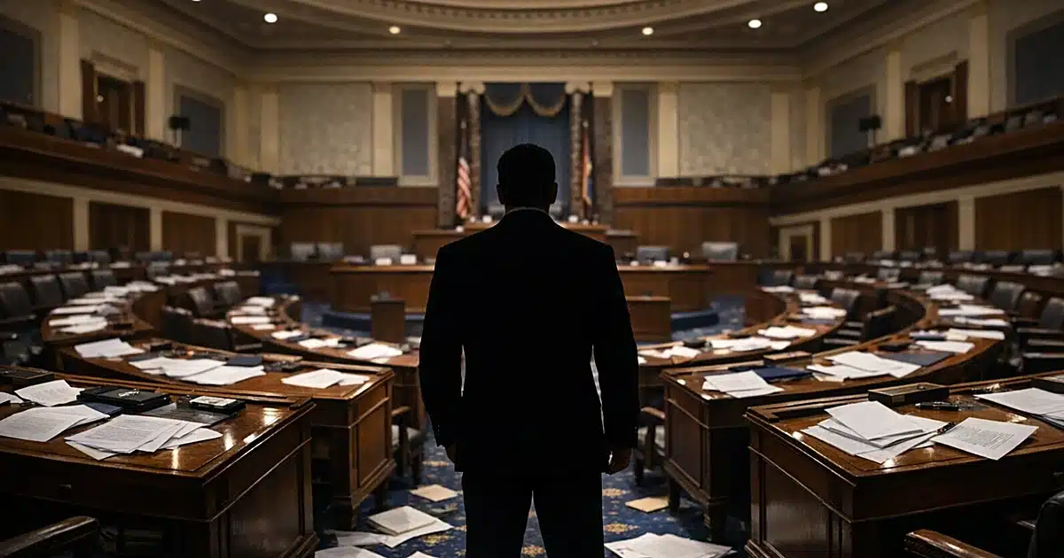 Interior of Senate chamber with scattered papers on desks and silhouetted figure standing in center aisle