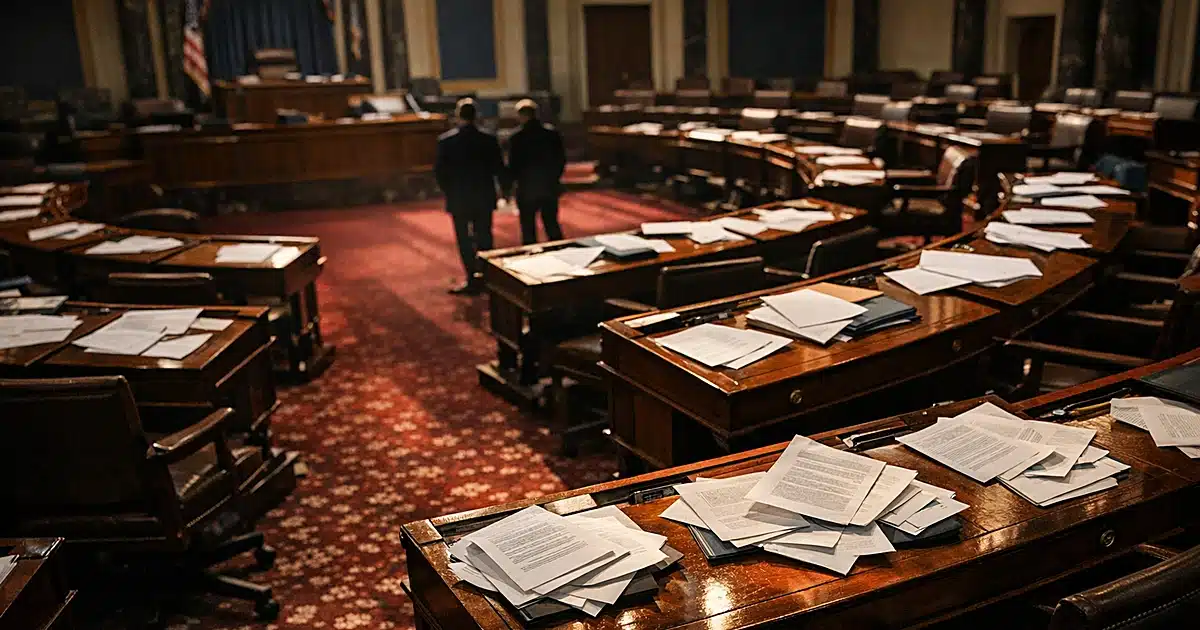 Empty Senate chamber with scattered papers on desks after a contentious vote, dramatic side lighting