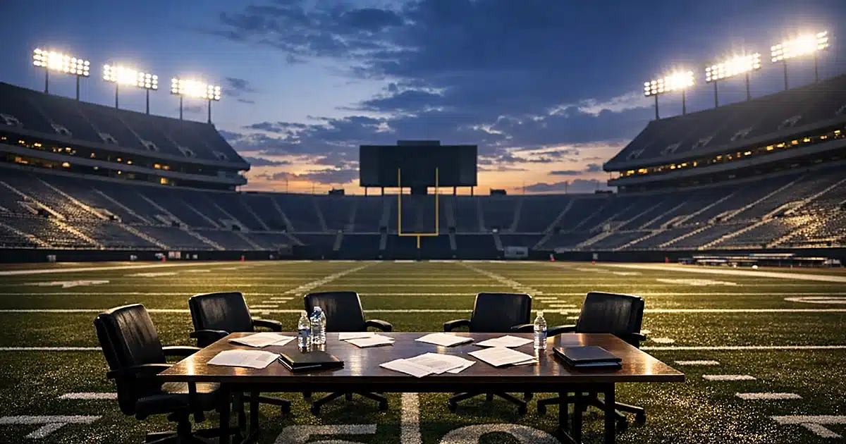 Empty college football stadium at dusk with conference table and scattered papers on the field