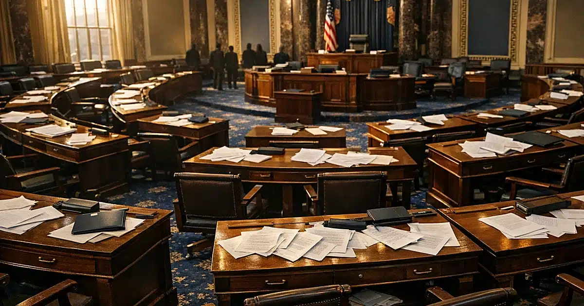Empty Senate chamber with scattered papers on desks, afternoon light streaming through tall windows