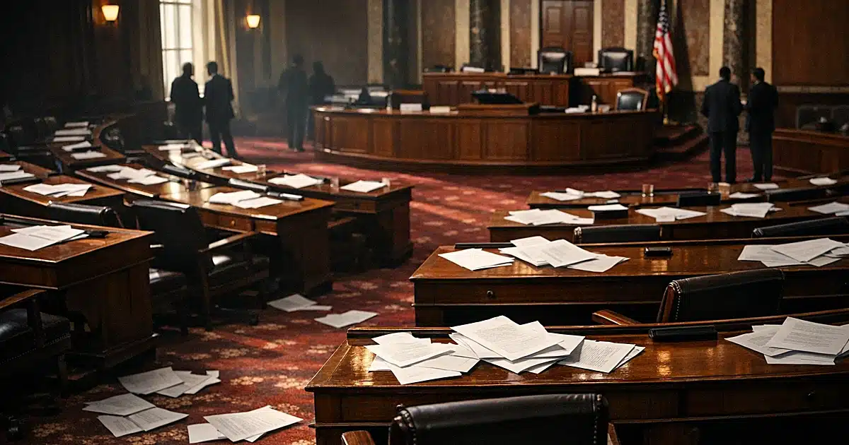 Empty Senate chamber with scattered papers on desks, dramatic side lighting creating shadows across the floor