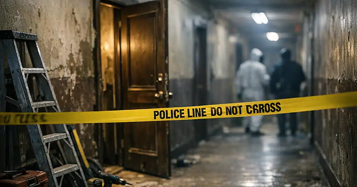 Police tape across apartment door in dim hallway with construction equipment nearby
