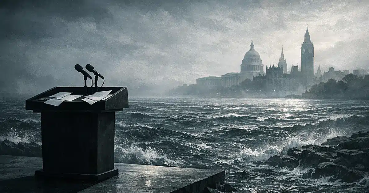 Podium casting shadow across stormy ocean toward distant government buildings in fog, depicting diplomatic divide