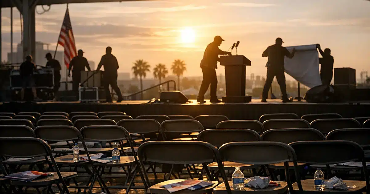 Empty campaign rally venue with scattered chairs and silhouetted staff working at sunset in California