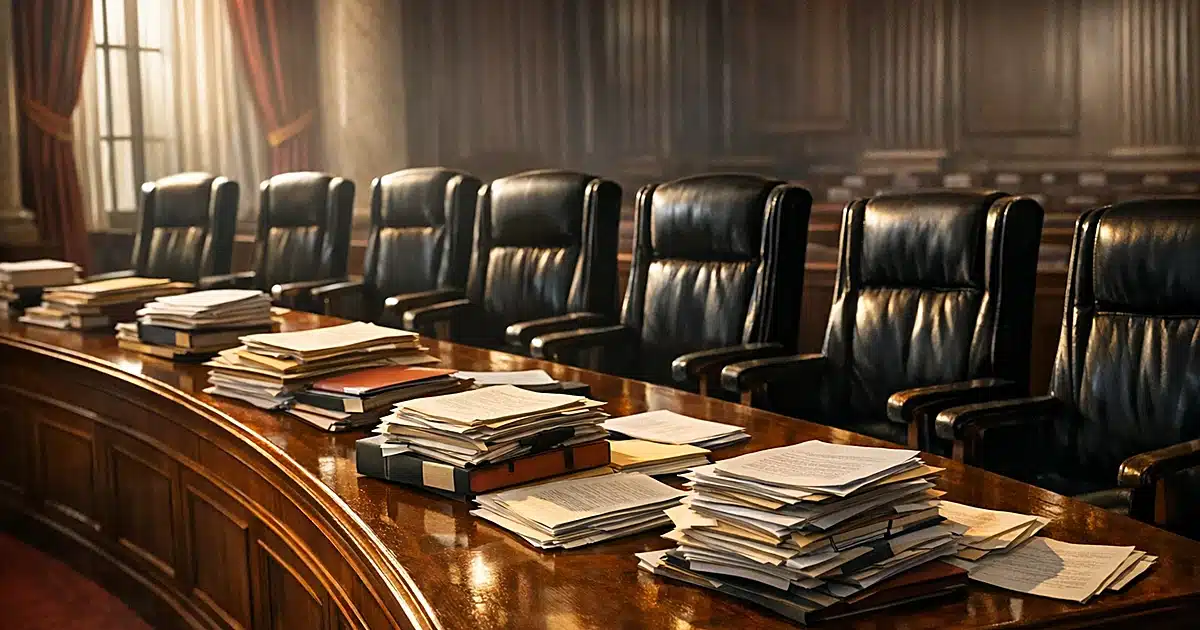 Empty Supreme Court bench with stacked case files and documents in dramatic afternoon light