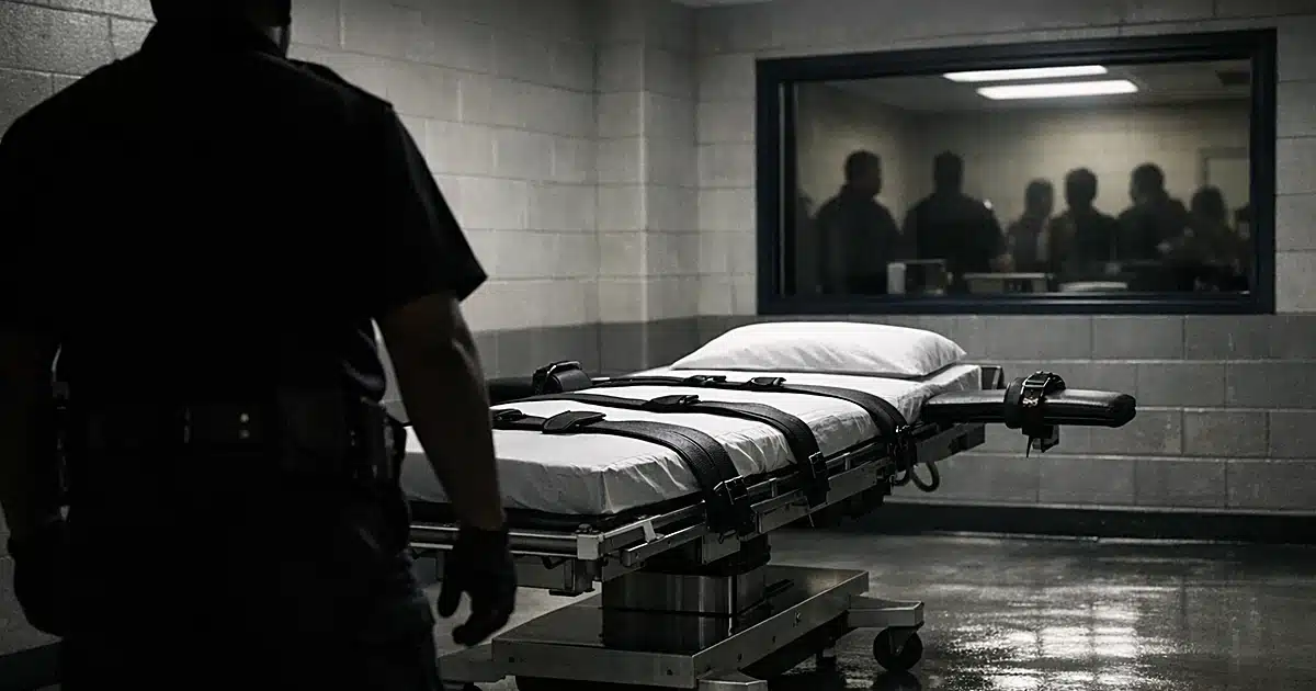 Prison execution chamber with gurney and correctional officer silhouette under fluorescent lighting