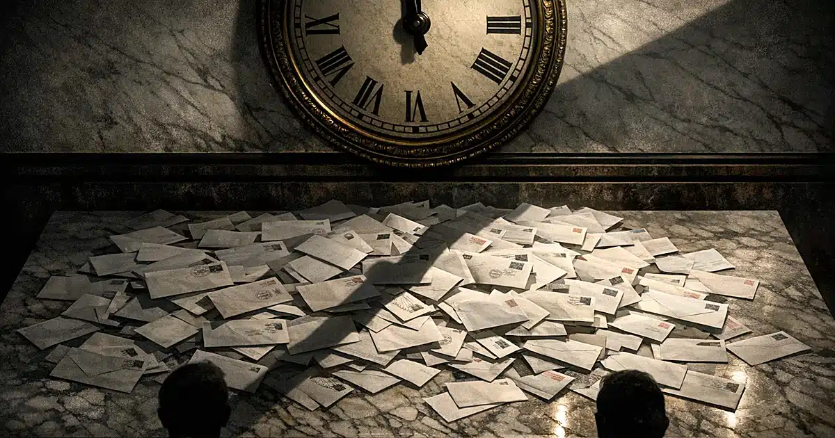Overhead view of scattered mail-in ballot envelopes on table with clock showing time past midnight