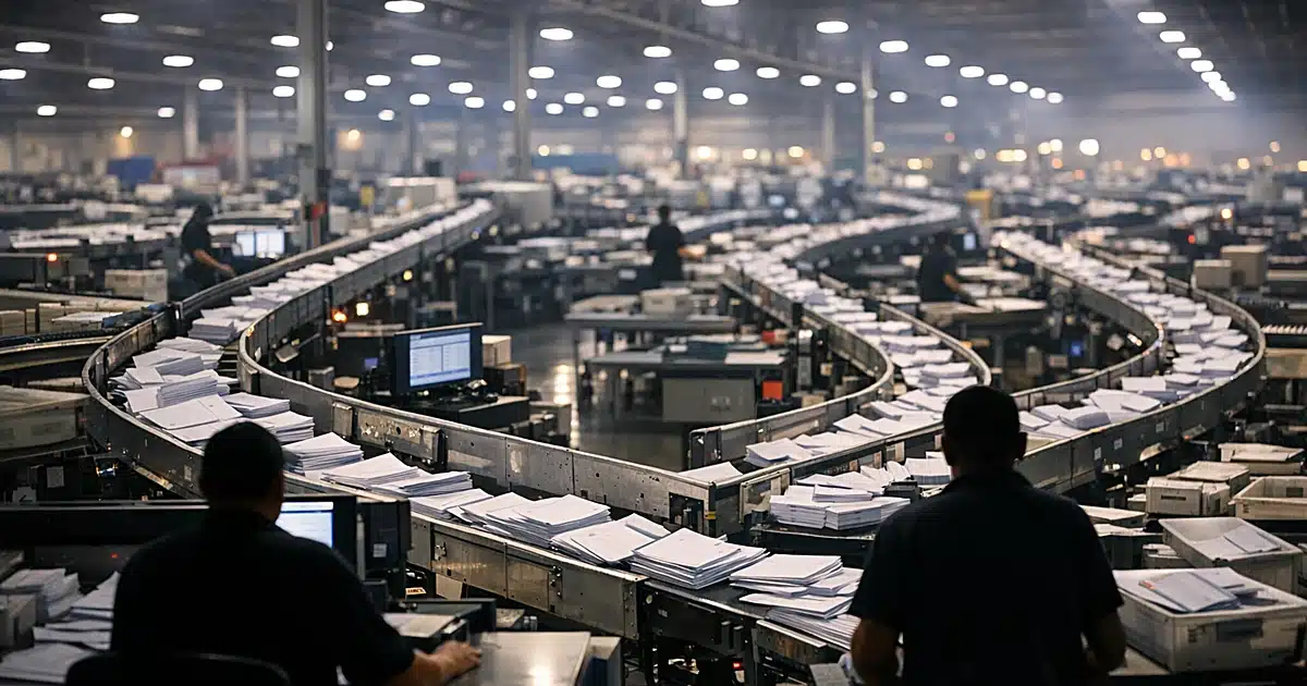 Industrial mail sorting facility with ballot envelopes on conveyor belts and silhouetted workers processing votes