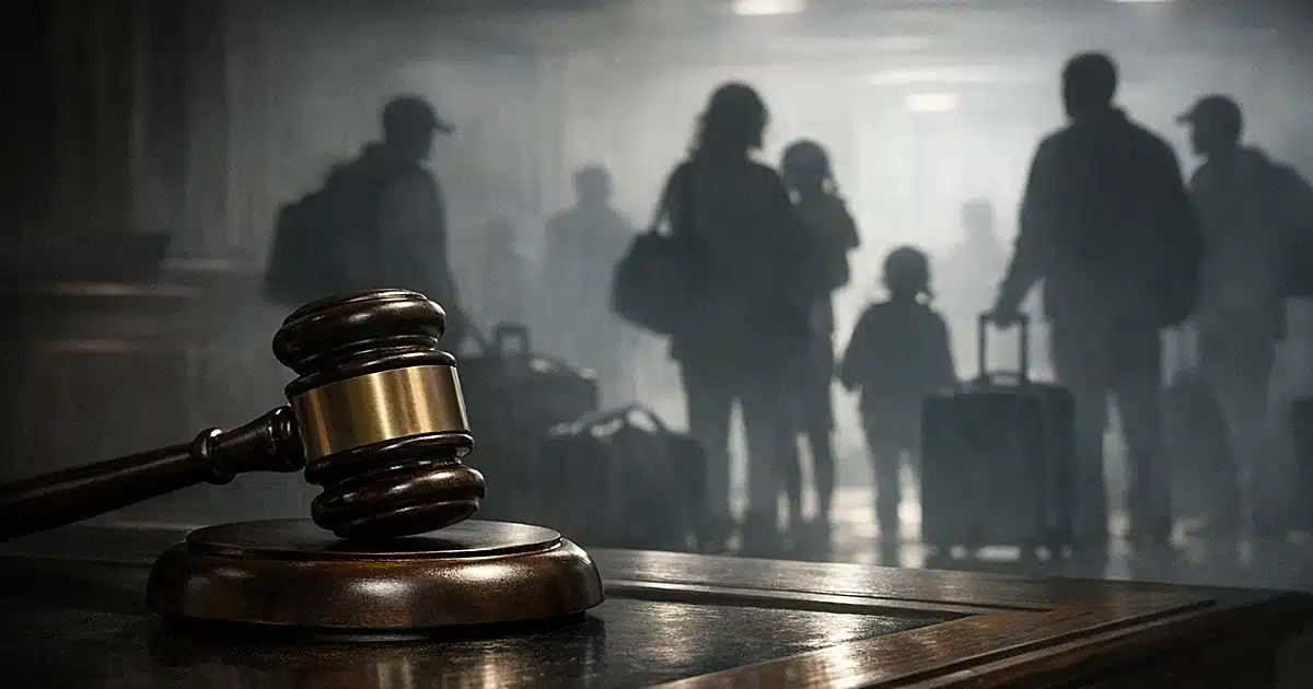 Judicial gavel on bench with silhouettes of people holding luggage in background, representing immigration court decision
