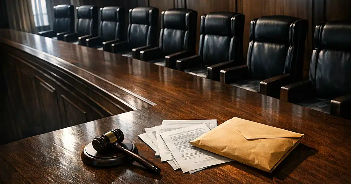 Empty Supreme Court bench with nine chairs, gavel, and legal documents with monetary figures in dramatic lighting