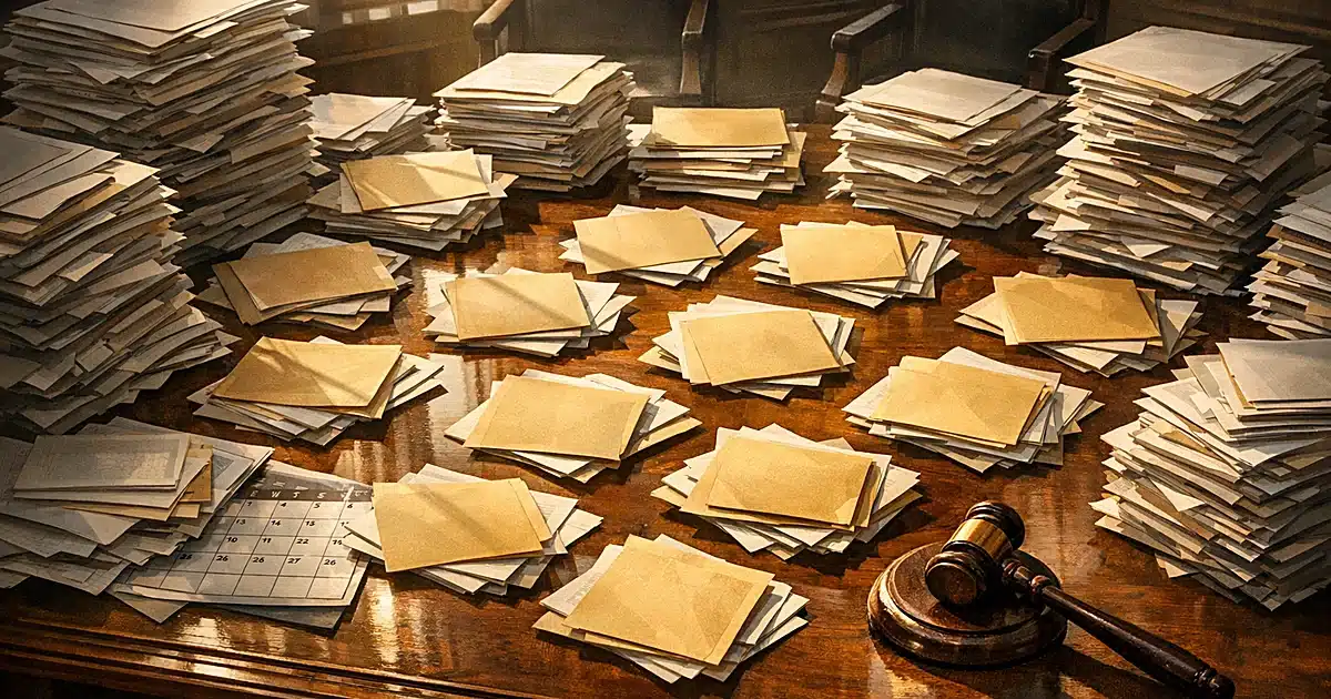 Overhead view of courthouse desk overwhelmed with stacks of legal documents and folders with gavel and June calendar