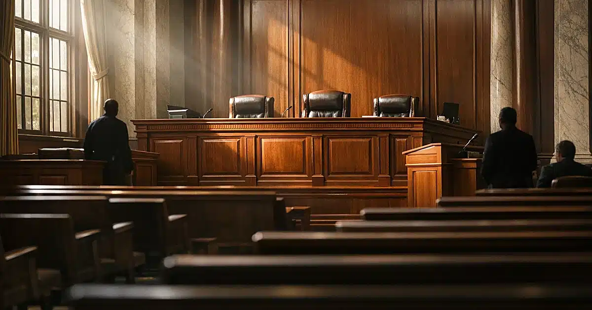 Empty federal courtroom with judicial bench and natural light streaming through tall windows