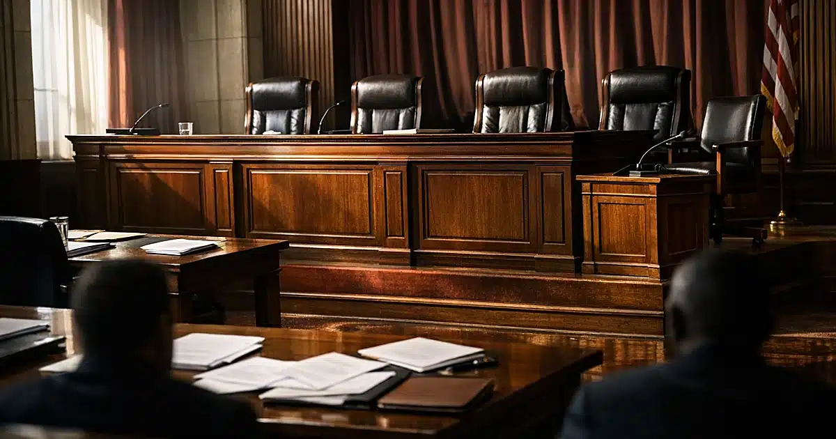 Empty Supreme Court bench and witness stand in federal courtroom with dramatic side lighting and scattered documents