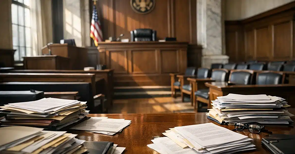 Empty federal courtroom interior with judicial bench, scattered legal documents, and dramatic window lighting